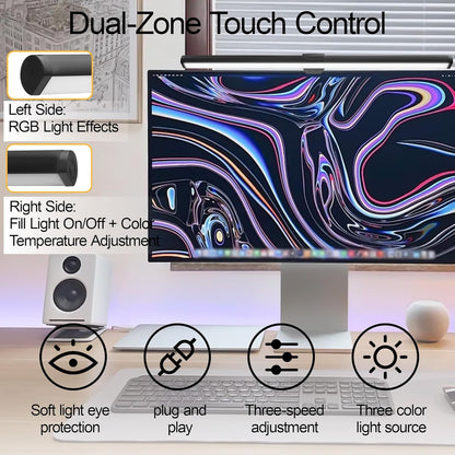 Dual-Sided Screen Light Bar, RGB Atmosphere Backlight & 3 Color Temperatures, Touch Control Non-Magnetic Lamp for Low-Light Eye Care