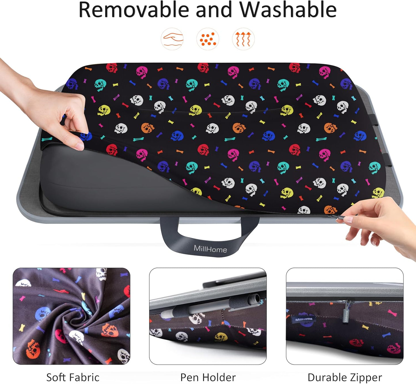 Lap Desk with Cushion, Fits up to 17 inch Laptop, Pillow Designed, Portable Laptop Stand with Tray, Pad & Phone Holder, Home Office for Bed/Couch/Car/Reading/Writing,MillHome (Black)