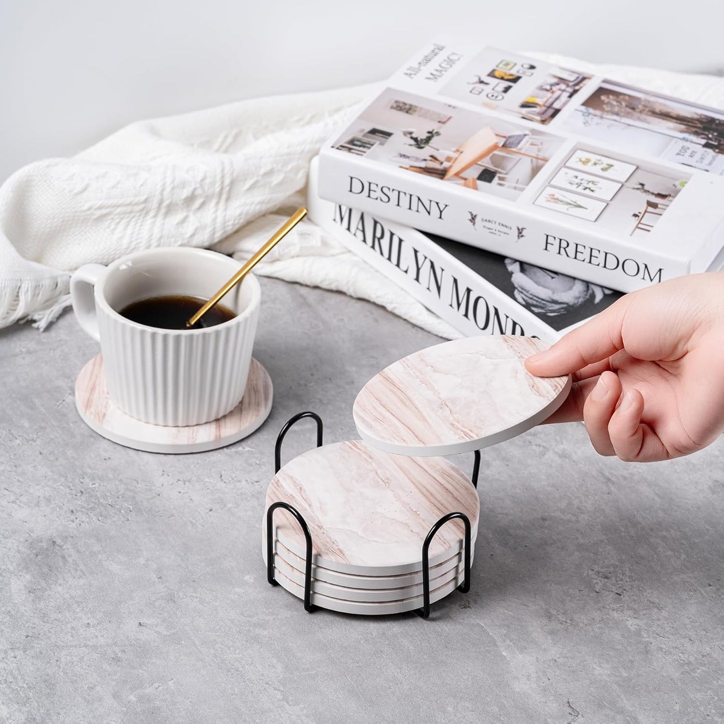 6Pcs Drink Coasters with Holder, Marble Style Ceramic Drink Coaster, Absorbent Coasters Set Suitable for Kinds of Cups, Modern Style Coaster for Coffee Table, 4 Inches