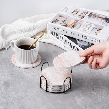 6Pcs Drink Coasters with Holder, Marble Style Ceramic Drink Coaster, Absorbent Coasters Set Suitable for Kinds of Cups, Modern Style Coaster for Coffee Table, 4 Inches