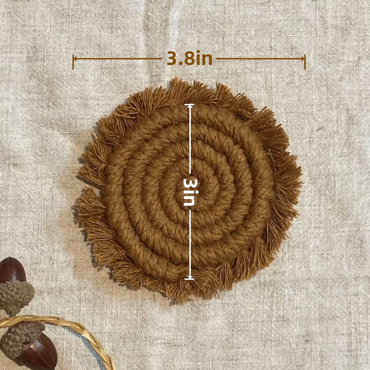 7.4in Boho Coasters for Drinks, Handmade Woven Absorbent Coasters for Desk, Farmhouse Cute Coaster for Mugs Cups - Gifts for Women, Beige