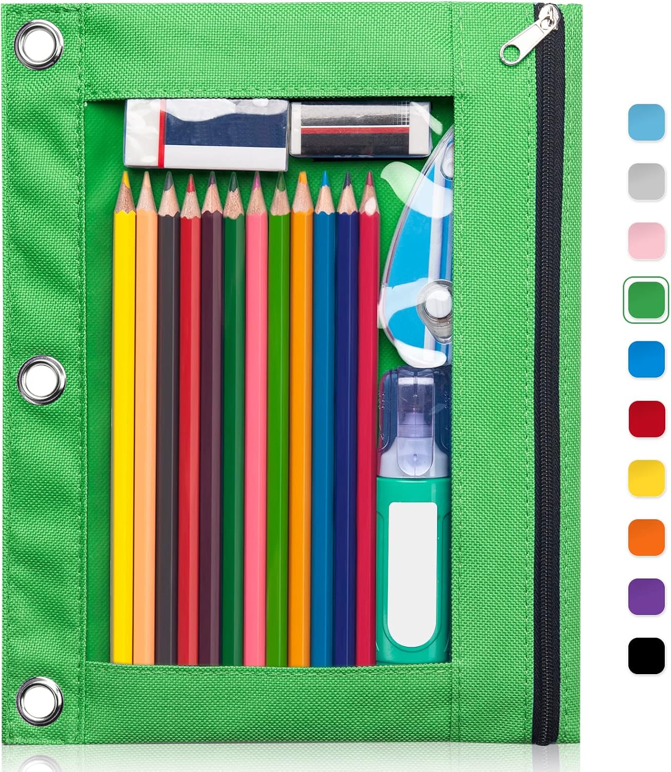 Forvencer Pencil Pouch for 3 Ring Binder, Large Pencil Case Pouch with 3 Reinforced Grommets, Pen Bag, Clear Window Pencil Case, Binder Accessories, Black