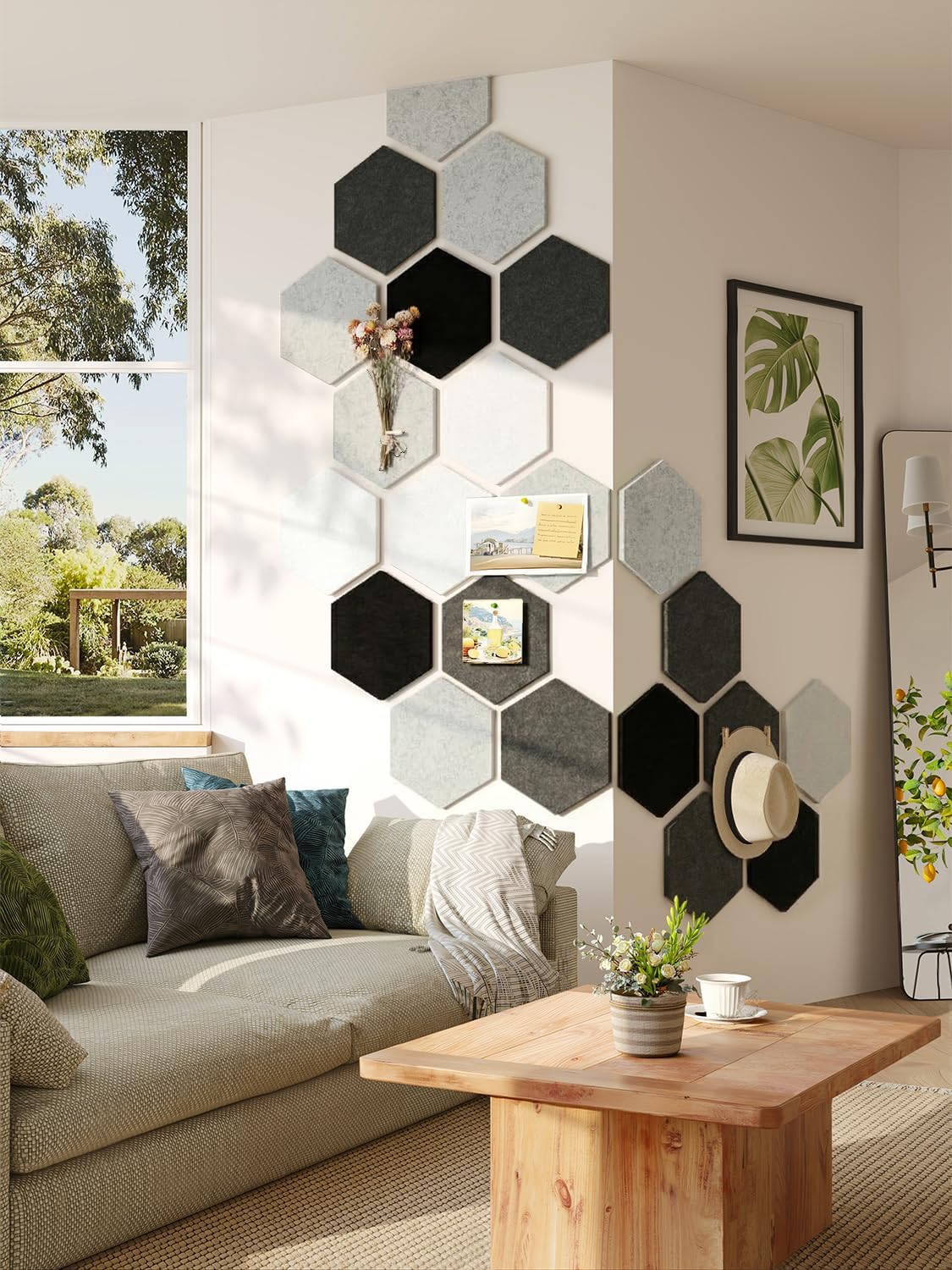 8 Pack Hexagon Felt Bulletin Board Tiles - 12" Large Thick Pin Board for Walls with 30 Push Pins, DIY Boards for Office Home School Decor, Aesthetic Hex Cork Board Alternative