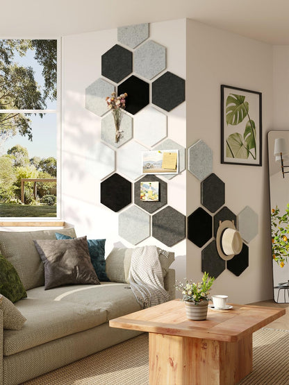 8 Pack Hexagon Felt Bulletin Board Tiles - 12" Large Thick Pin Board for Walls with 30 Push Pins, DIY Boards for Office Home School Decor, Aesthetic Hex Cork Board Alternative