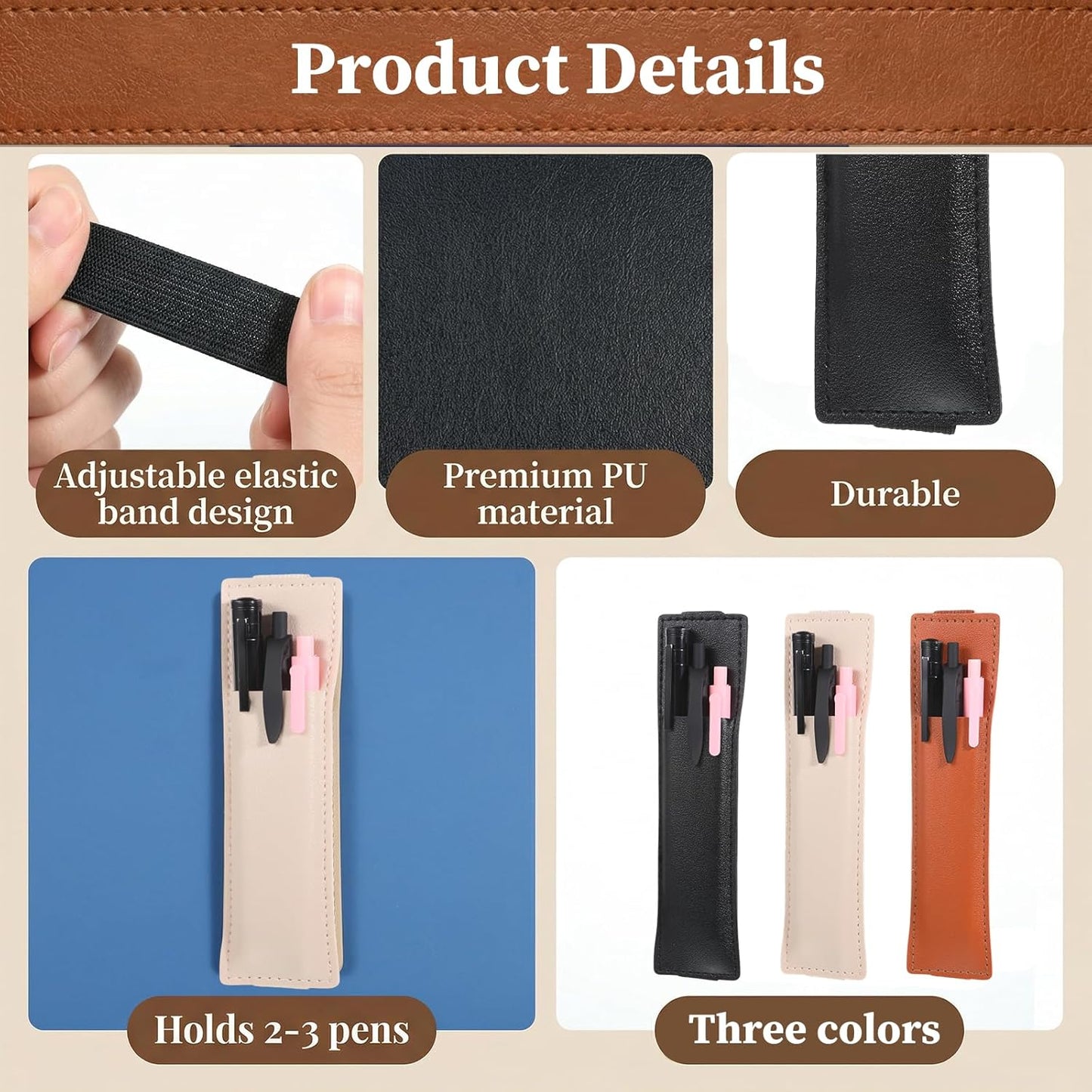 3 PCS Elastic Pen Holder for Notebook, PU Leather Notebook Pen Holder Portable Pencil Holders Adjustable Pens Sleeve Pouch with Stretchable Band for School Office Hardcover Journals Planners