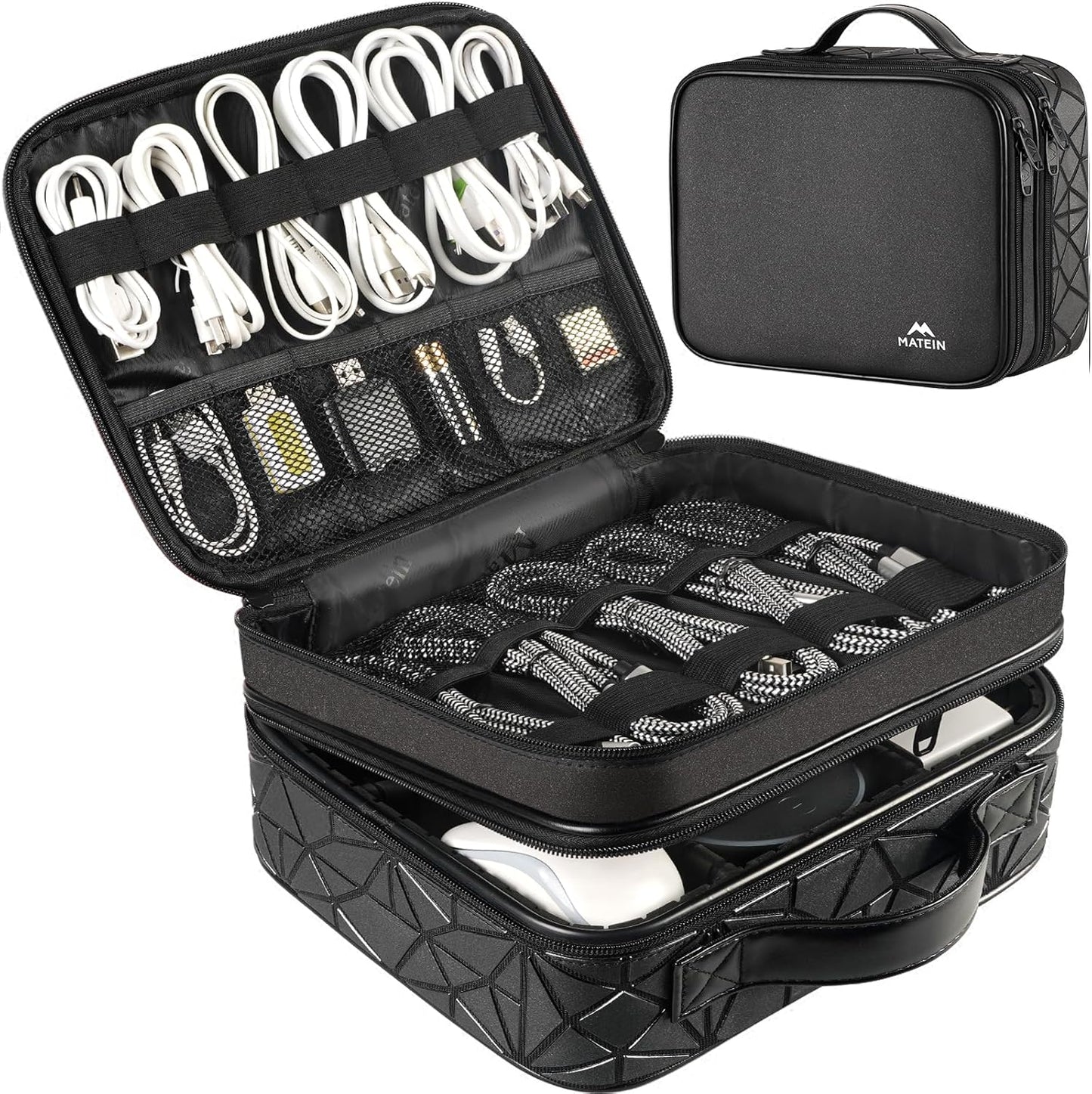 MATEIN Cable Organizer Bag, Waterproof Travel Electronic Storage, Shockproof Portable Double Layer Tech Bags Carrying Case for Cord, Earbuds, Charger, SD Card, DJ Gifts, Black
