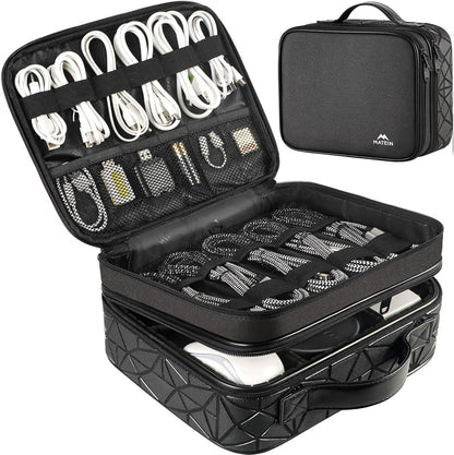 MATEIN Cable Organizer Bag, Waterproof Travel Electronic Storage, Shockproof Portable Double Layer Tech Bags Carrying Case for Cord, Earbuds, Charger, SD Card, DJ Gifts, Black