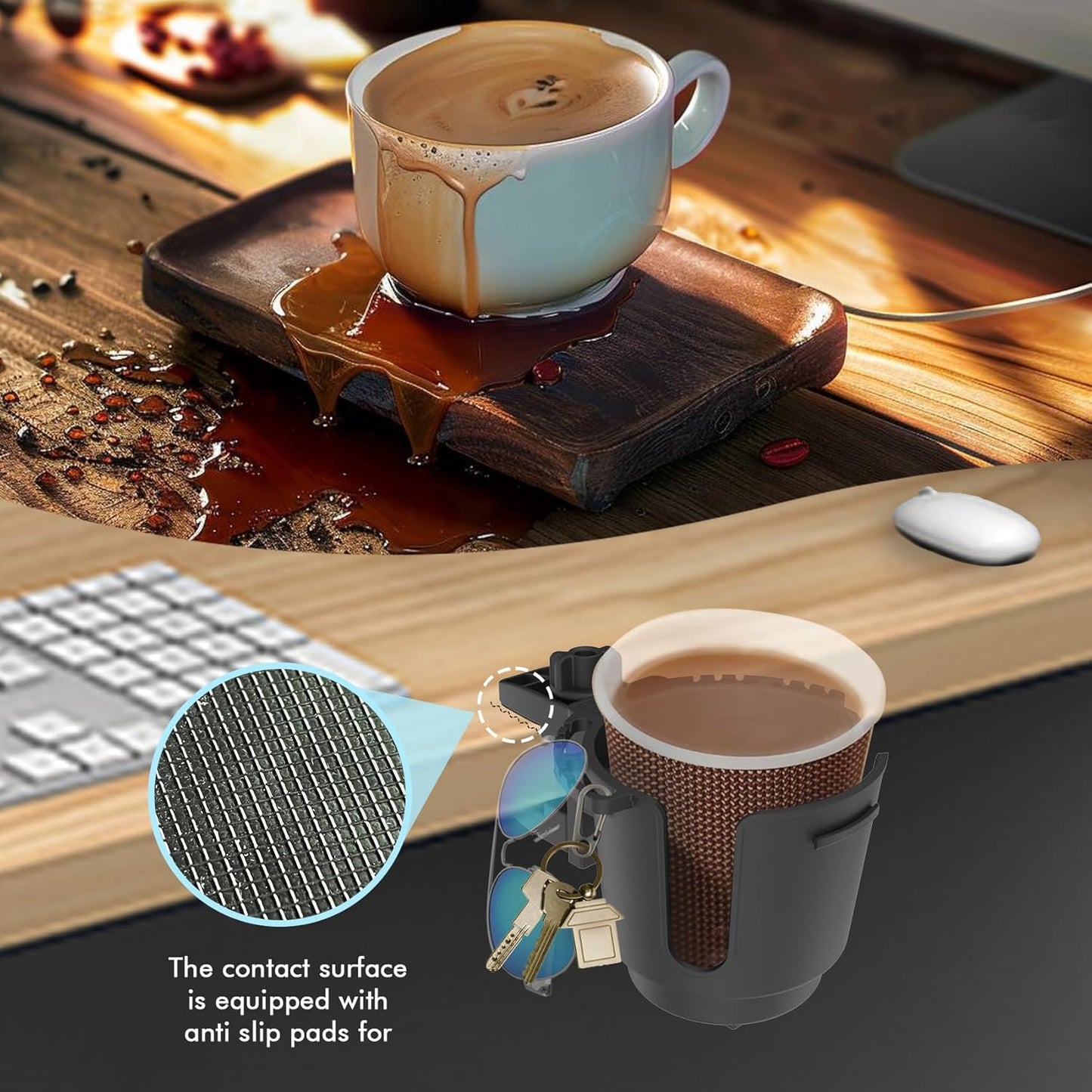 Desk Cup Holder with Spill-Proof Cup Design, Clip on Cup Holders for Desk, Table, Porch Swing, Patio Chair , Fits Maximum Diameter of 3/3.38 inches Bottles. (Black, Large)