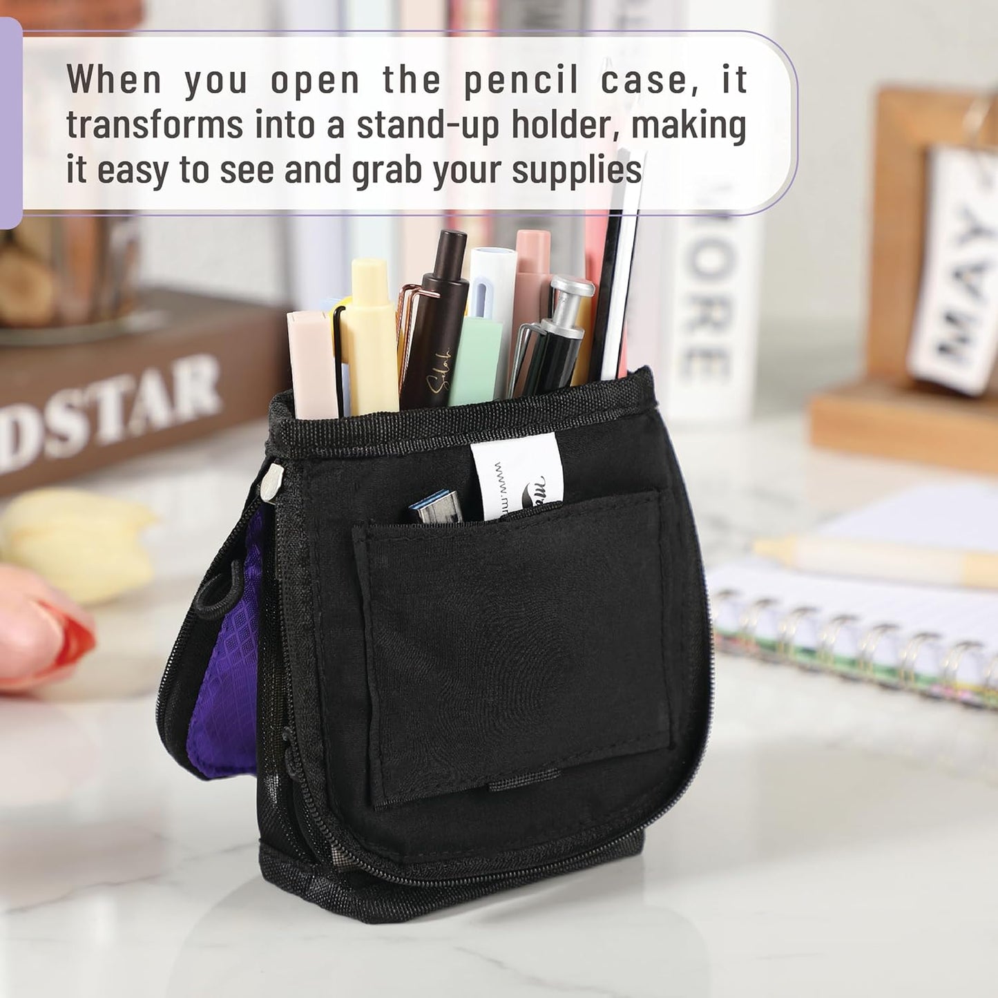 Mr. Pen- Standing Pencil Case Pouch, Sit & Lay Mesh-View Design, Black & Gray, Interior Pocket & 2 Elastic Binder Loops, Cute Pencil Case for Girls and Boys