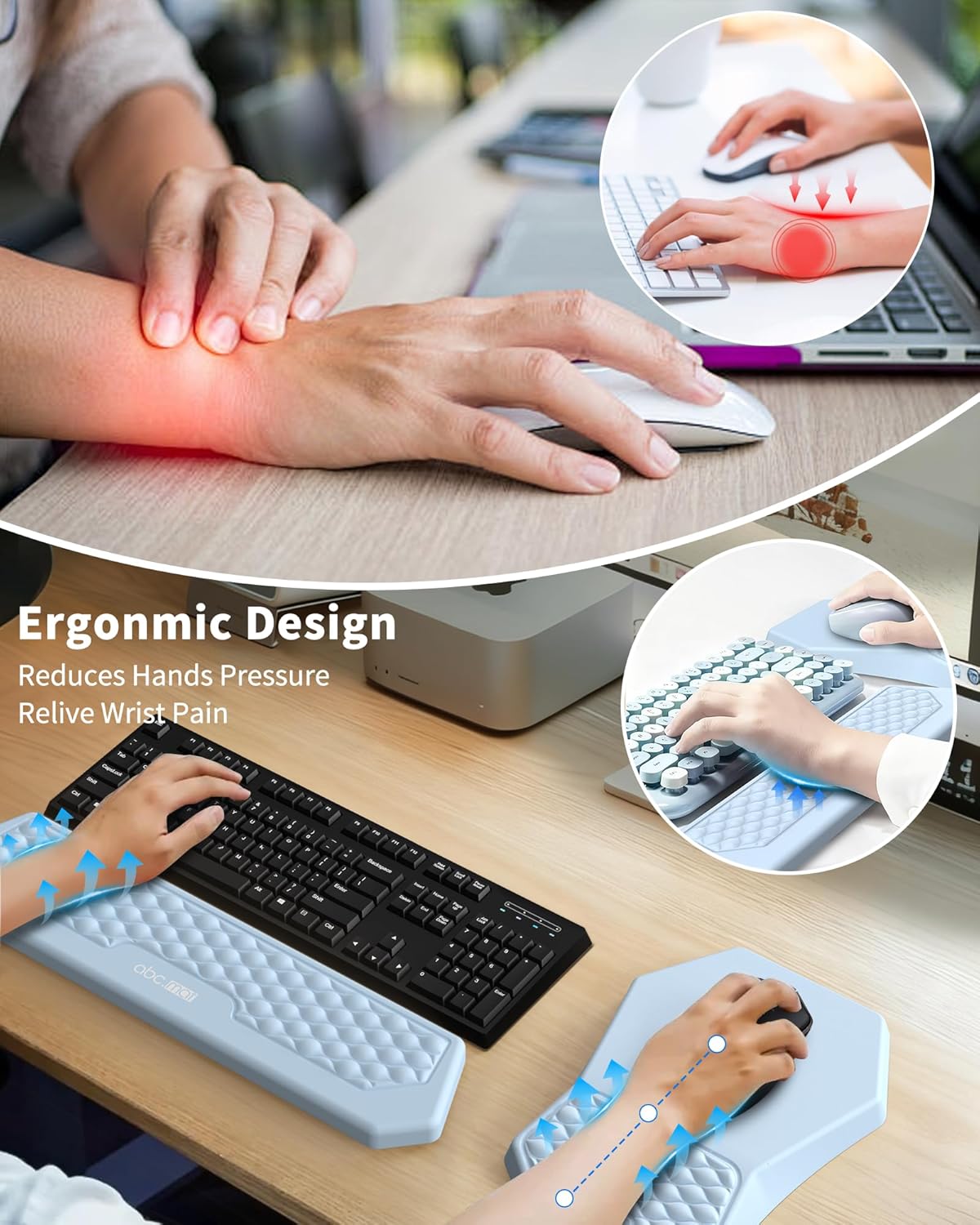 Ergonomic Mouse Pad and Keyboard Wrist Rest Support Set, Massage Design Mousepad for Carpal Tunnel Pain Relief, Memory Foam, Non-Slip PU Base for Computer Desk, Black