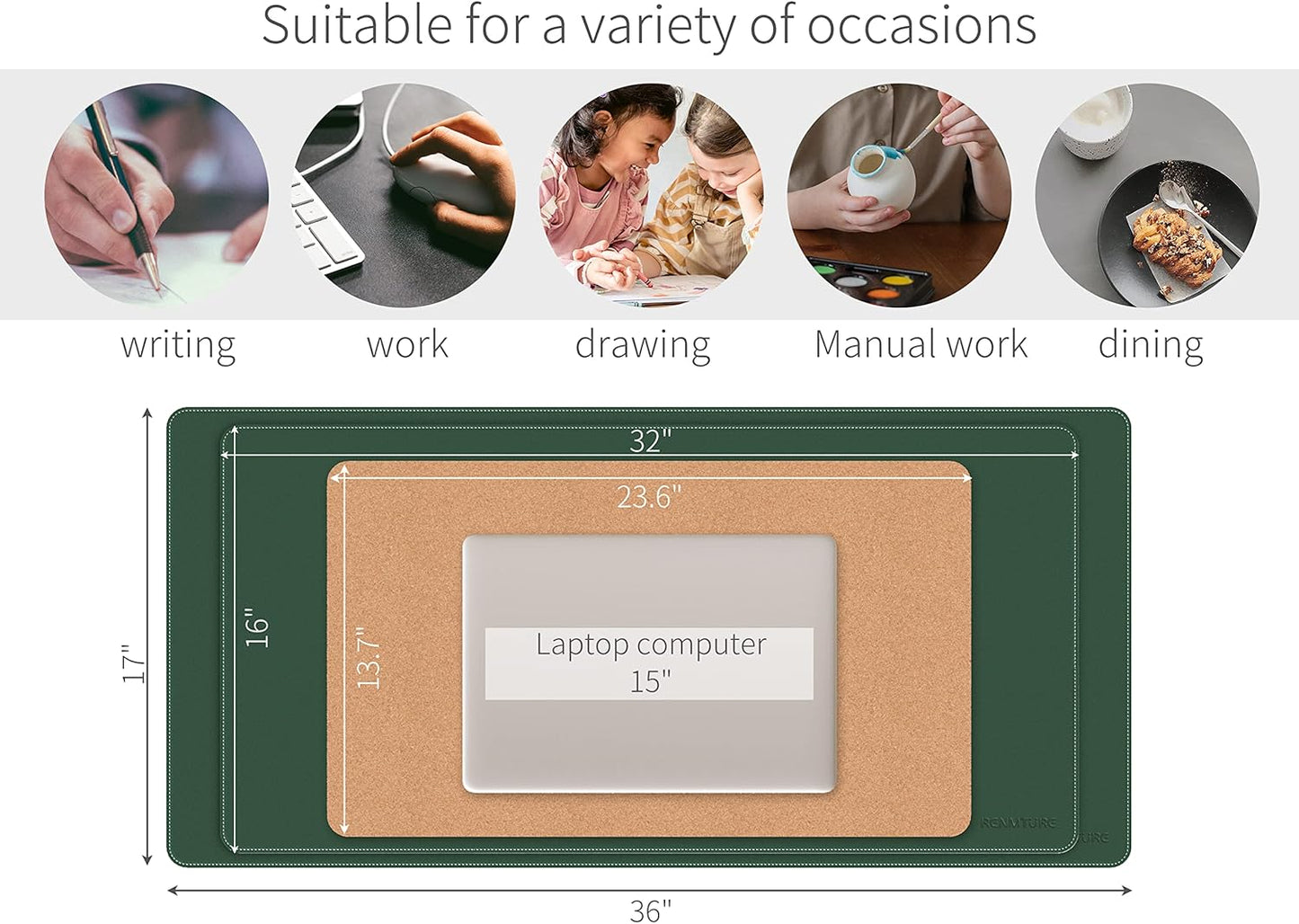 RENMTURE Dual-Sided Mouse Pad, Natural Cork & PU Leather Large Desk Pad for Office and Home Work, Desk Protector Non-Slip, Waterproof, Easy Clean (Olive Green, 32"x16")