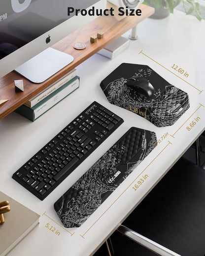 Ergonomic Mouse Pad and Keyboard Wrist Rest Support Set, Massage Design Mousepad for Carpal Tunnel Pain Relief, Memory Foam, Non-Slip PU Base for Computer Desk, Black