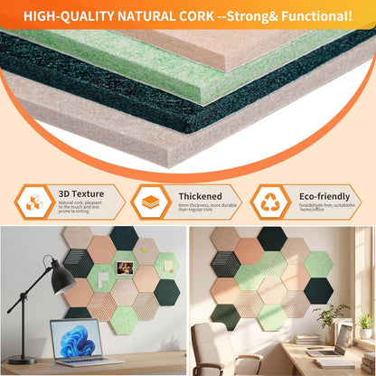 FOCHIER F 10PCS Hexagon Cork Boards for Walls Decor,12"*10.2" Felt Bulletin Board Tiles Sets for Home Office Class Kitchen with 50 Push Pins,Self Adhesive DIY Pin Board for Photos Memos
