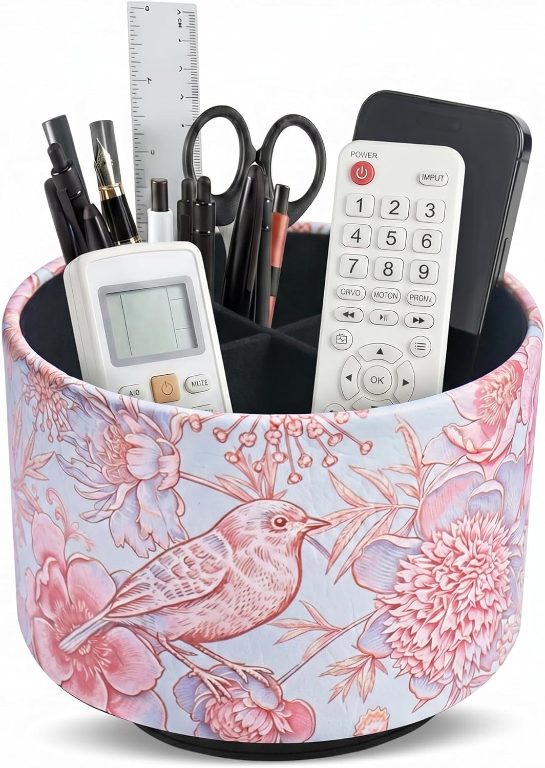 Round Leather Art Supply Organizer,Remote Control Holder,360 Degree Rotating,Multi-Functional Pencil Holder,4 Compartments Desktop Stationary Organizer(1-Fractal Flower) | Round - Colors B