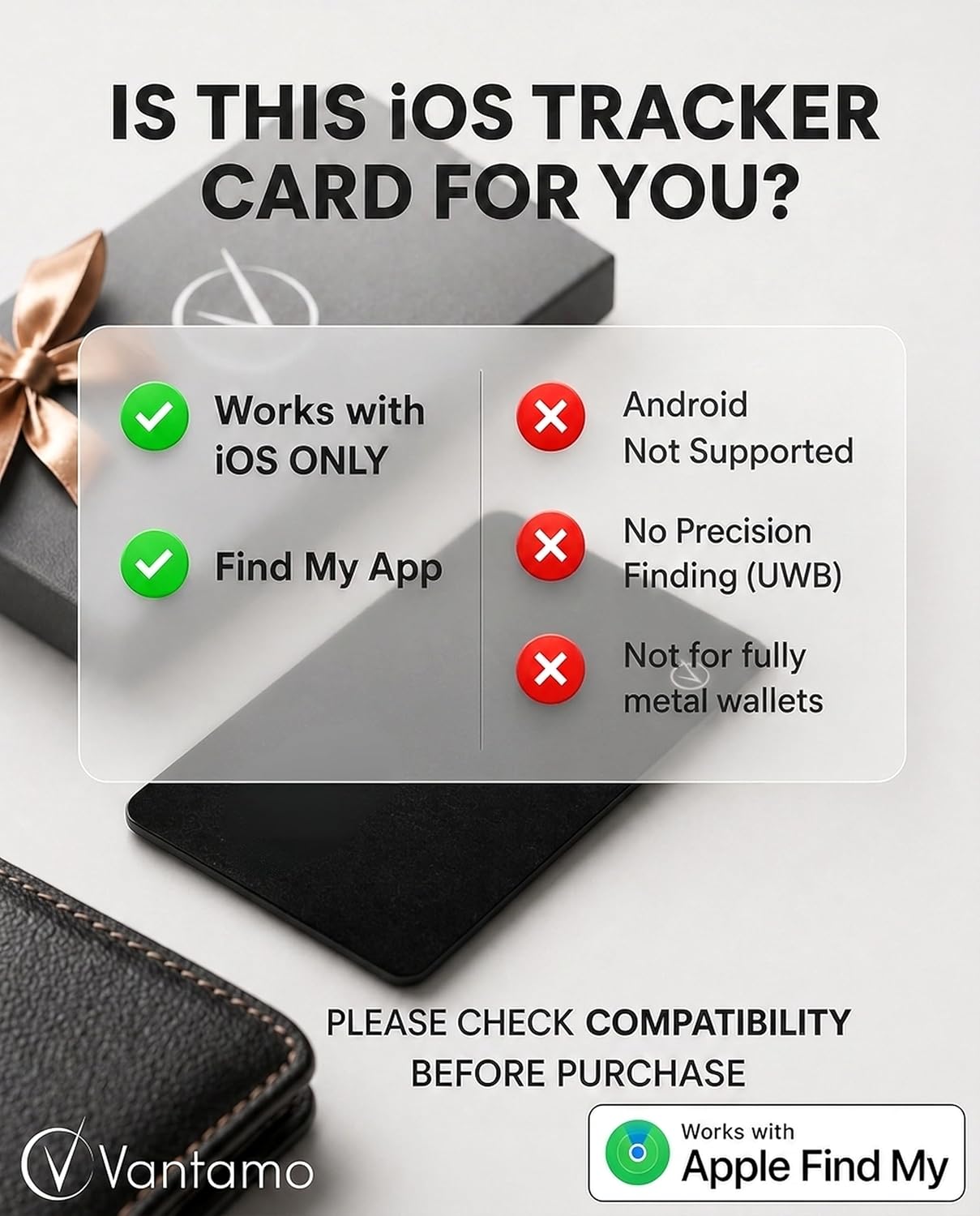 Vantamo Ultra-Thin Wallet Tracker Card, Apple MFi Certified, IP68 Waterproof Bluetooth Smart Card Wallet Tracker & Passport, Works with Apple Find My, Wireless Charging, iOS Only