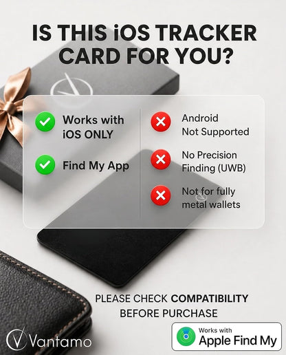 Vantamo Ultra-Thin Wallet Tracker Card, Apple MFi Certified, IP68 Waterproof Bluetooth Smart Card Wallet Tracker & Passport, Works with Apple Find My, Wireless Charging, iOS Only
