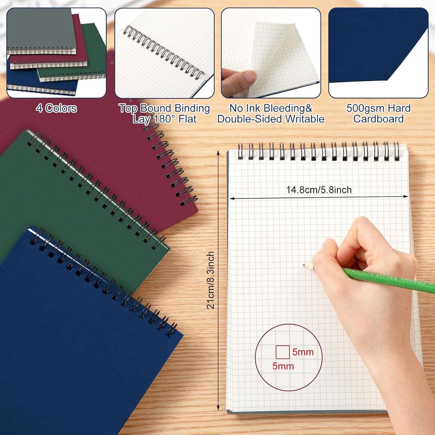 Engrowtic 6 Pack Graph Paper Spiral Notepad A5 Top Wirebound Notepad Grid Notebook Steno Pad Memo Notebook Grid Paper 140 Pages for Writing Sketching Drawing Office Supply (Black)