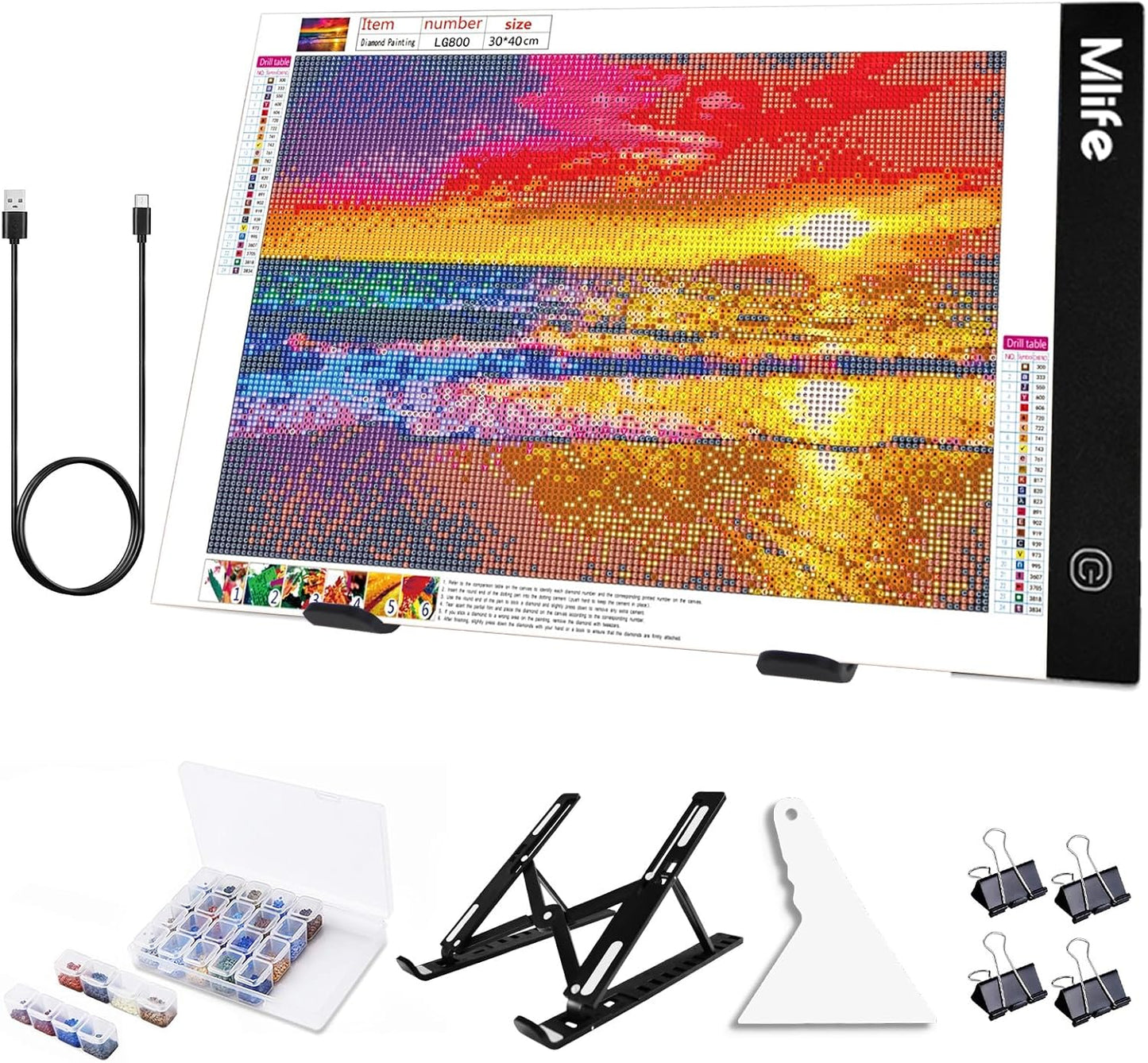 Mlife A2 LED Light Pad for Diamond Painting Kits, Diamond Art Light Board, USB Powered Tracing Light Board Diamond Art Accessories for Drawing, Sketching, Animation with Stand & 4 Fasten Clips