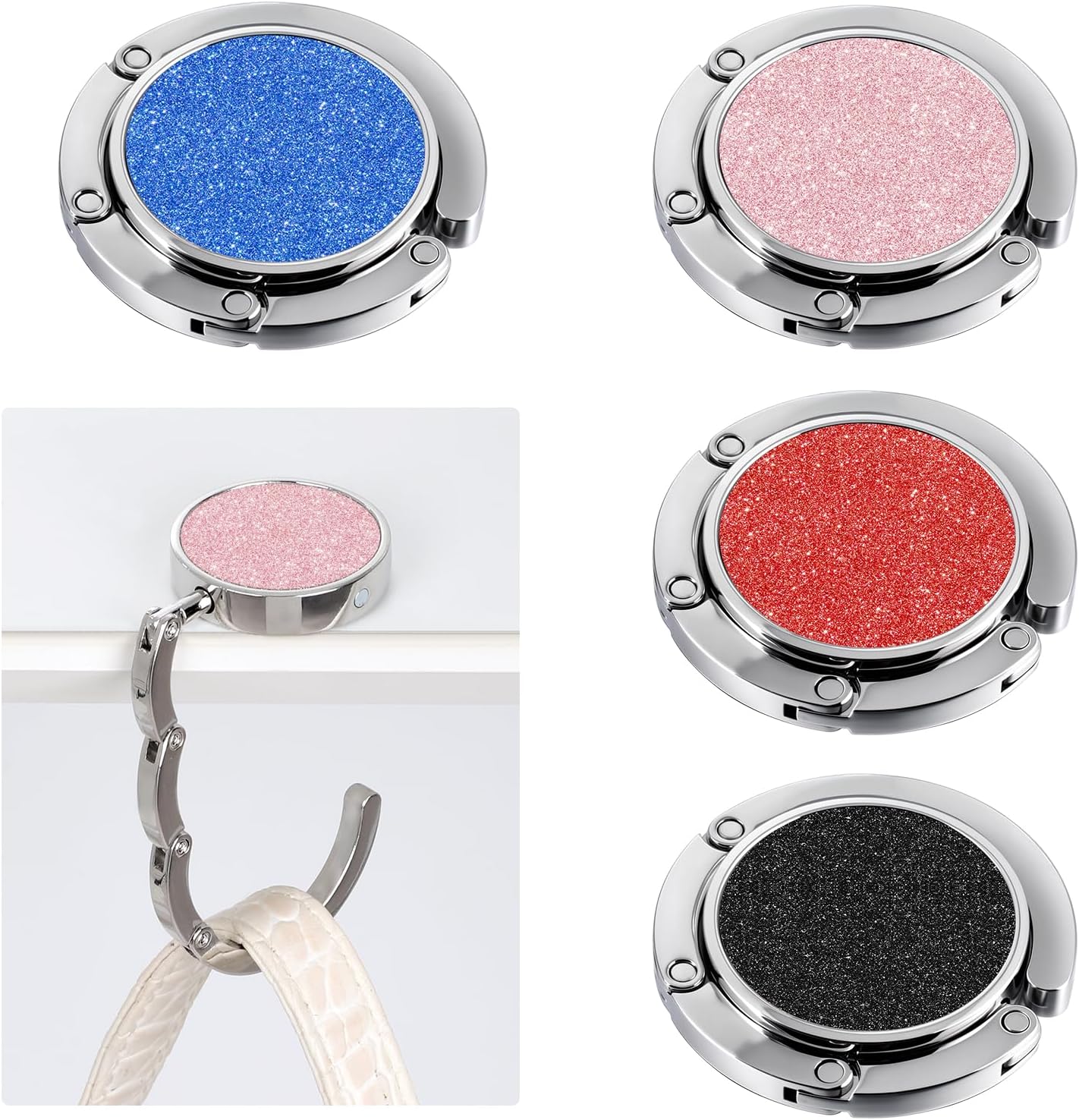 4 Pcs Foldable Purse Hook for Table Folding Women's Handbag Hangers Hooks for Desk Bling Rhinestone Table Bag Holder Portable Bag Holder for Women Bags (Black,White,Gold,Champagne)
