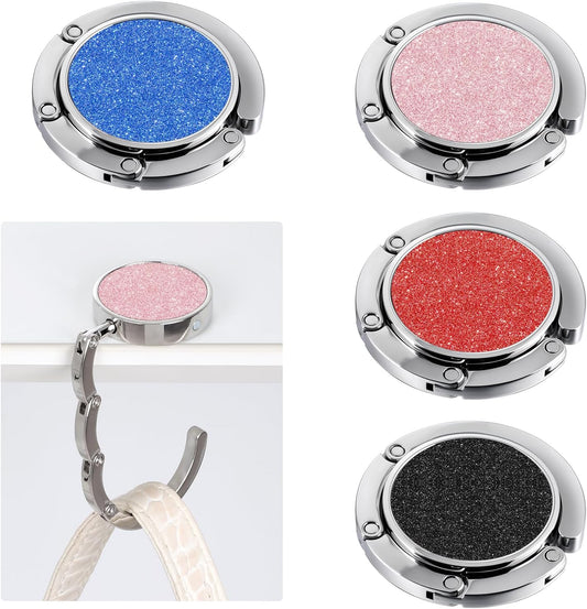 4 Pcs Foldable Purse Hook for Table Folding Women's Handbag Hangers Hooks for Desk Bling Rhinestone Table Bag Holder Portable Bag Holder for Women Bags (Black,White,Gold,Champagne)