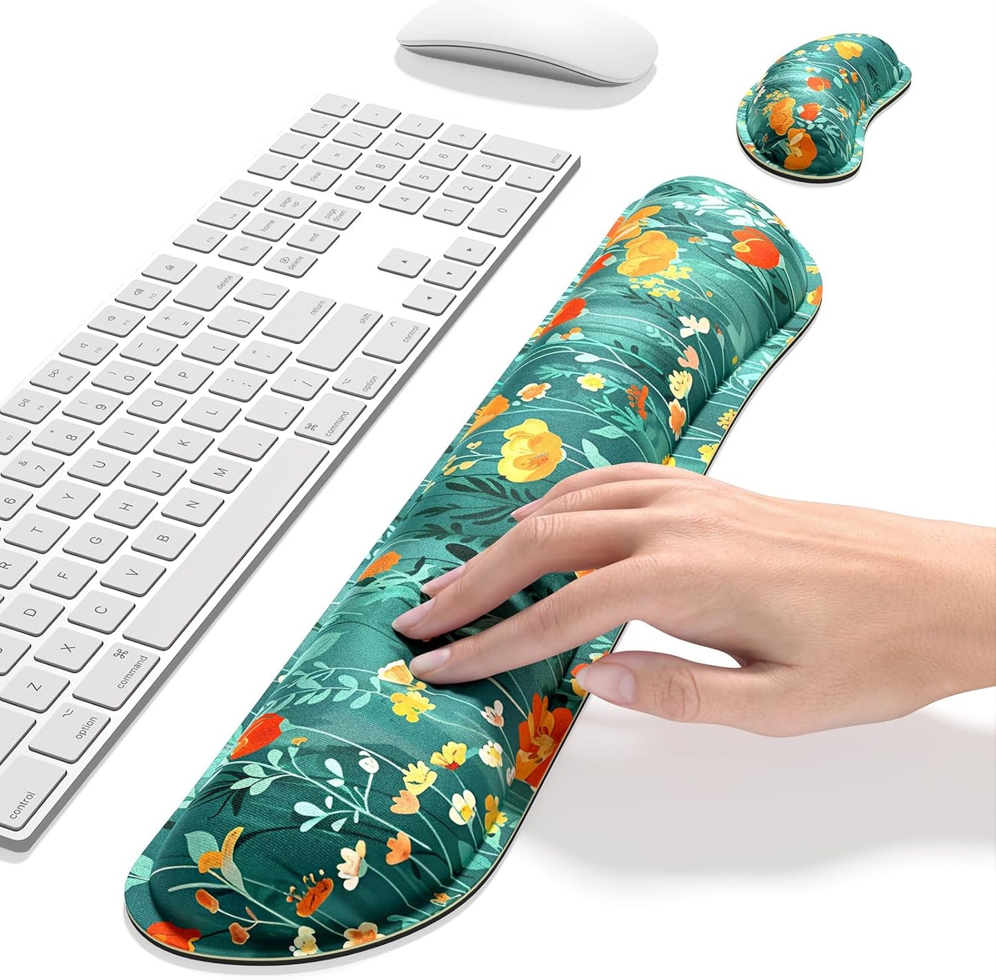 Dapesuom Enlarge Keyboard Wrist Rest, Memory Foam Wrist Cushion for Desk Mat Support, Cute Pain Relief Keyboard Mouse Pad Rests Set with Non-Slip Base for Gaming Laptop Office Computer, Elegant Flower