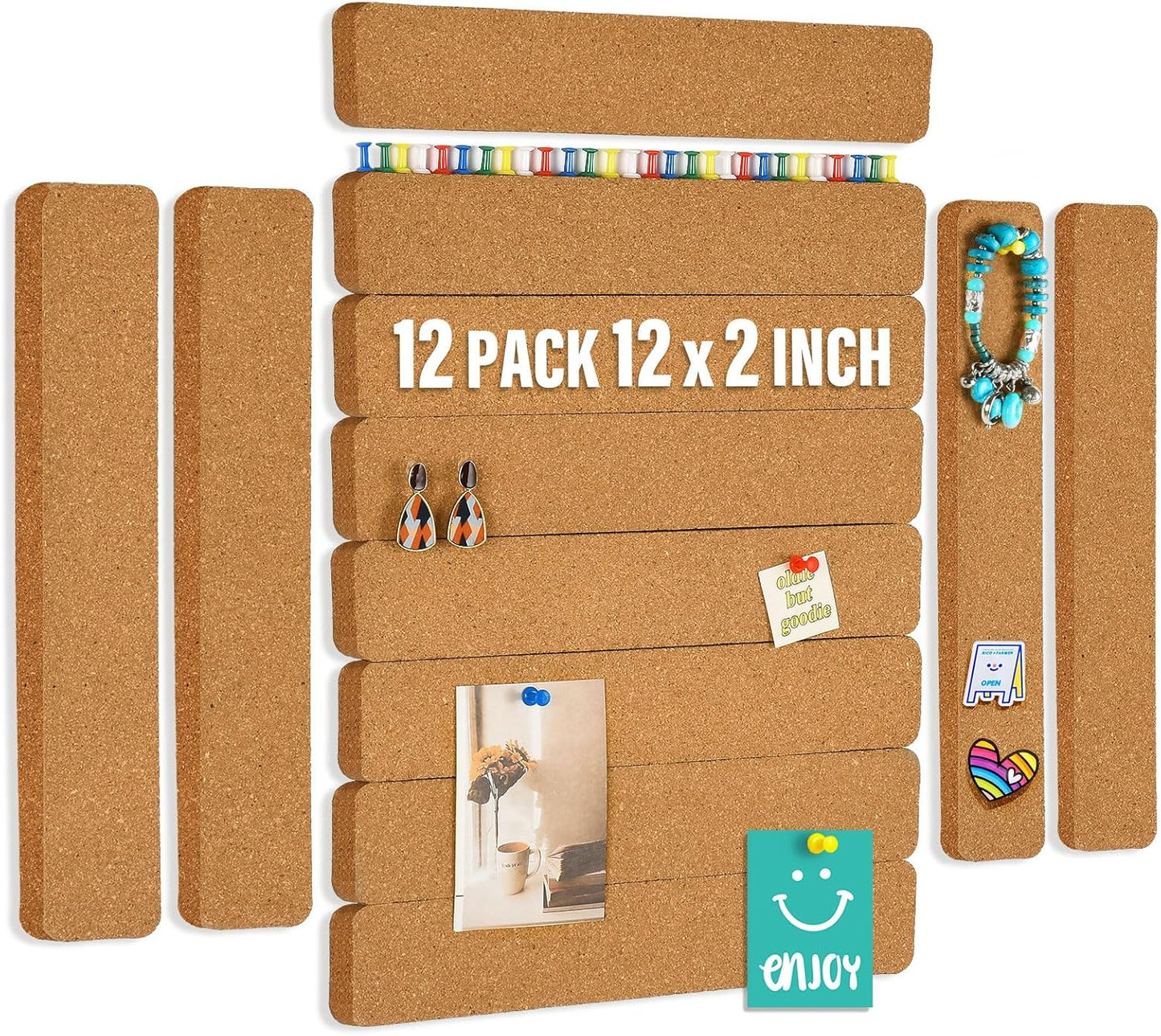 6 Pack Corkboard Strips for Walls, Self Adhesive Thick Cork Board Strips, Peel and Stick Cork Board with 50 Push Pins for Paste Notes, Photos, Schedules