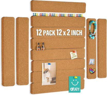 6 Pack Corkboard Strips for Walls, Self Adhesive Thick Cork Board Strips, Peel and Stick Cork Board with 50 Push Pins for Paste Notes, Photos, Schedules