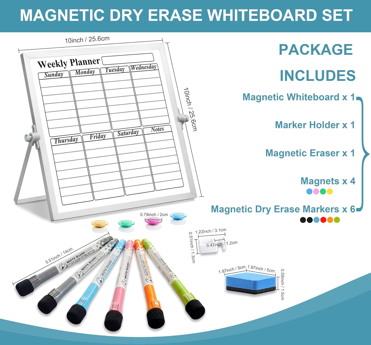 Magnetic Dry Erase White Board with Stand, 10" x 10" Double-Sided Desktop Whiteboard, Mini Portable Weekly Calendar Planner Board Set with 6 Markers, 4 Magnets, 1 Marker Holder & 1 Eraser