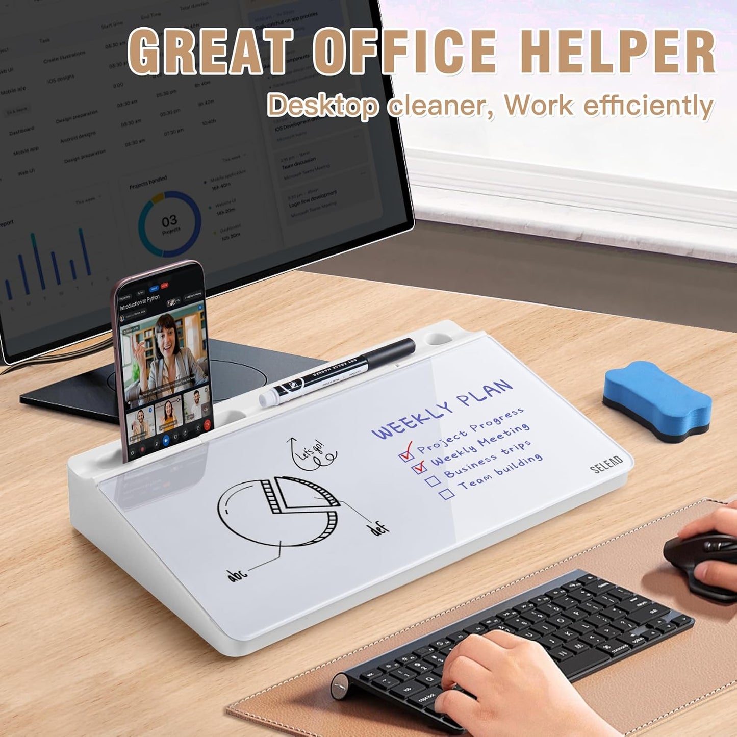 SELEAD Desktop Glass Whiteboard with Wireless Charger Station, Dry Erase Board Computer Pad Keyboard Stand with Organizer for Home, School, Office Desk Accessories, Black