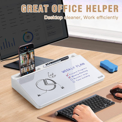 SELEAD Desktop Glass Whiteboard with Wireless Charger Station, Dry Erase Board Computer Pad Keyboard Stand with Organizer for Home, School, Office Desk Accessories, Black