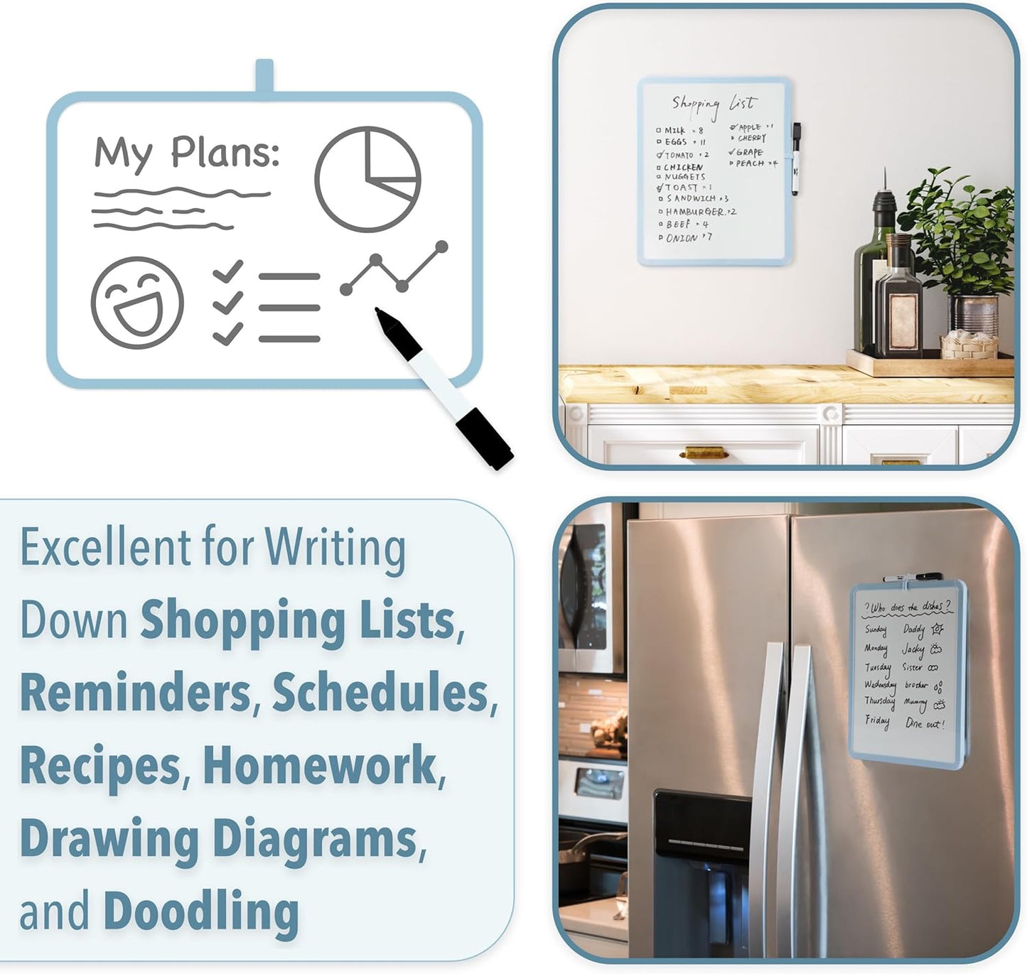 Mr. Pen- Dry Erase Board, 14” x 11” with a Black Dry Erase Marker, White Frame, Small Mini White Board for Students, Fridge, Wall, Locker, Includes Double Sided Tapes