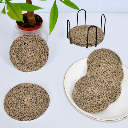 ABenkle 8 Pcs Drink Coasters with Holder, Cotton Woven Absorbent Coasters for Drinks, Minimalist Home Decor Coaster Set for Wooden Tabletop Protection Table, 4.3 inches Mixed Brown