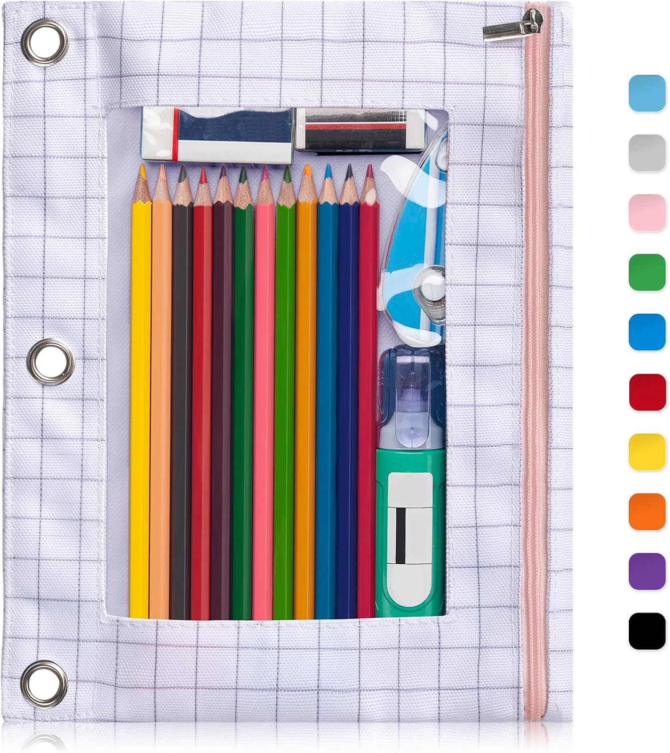 Forvencer Pencil Pouch for 3 Ring Binder, Large Pencil Case Pouch with 3 Reinforced Grommets, Pen Bag, Clear Window Pencil Case, Binder Accessories, Black