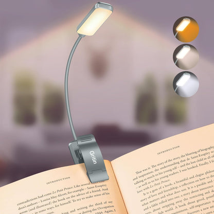 Gritin 9 LED Rechargeable Book Light for Reading in Bed - Eye Caring 3 Color Temperatures,Stepless Dimming Brightness,80 Hrs Runtime Small Lightweight Clip On Book Reading Light for Studying