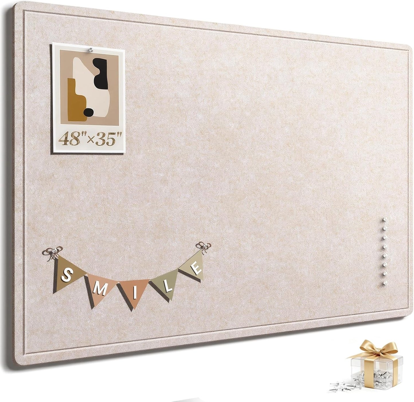Large Bulletin Board, 35 X 17 Inches Felt Cork Board with 40 Pushpins, Foldable Felt Notice Pin Board Photo Display Board with Self-Adhesive Tape for Office Home School (Oatmeal, 35x17 inch)