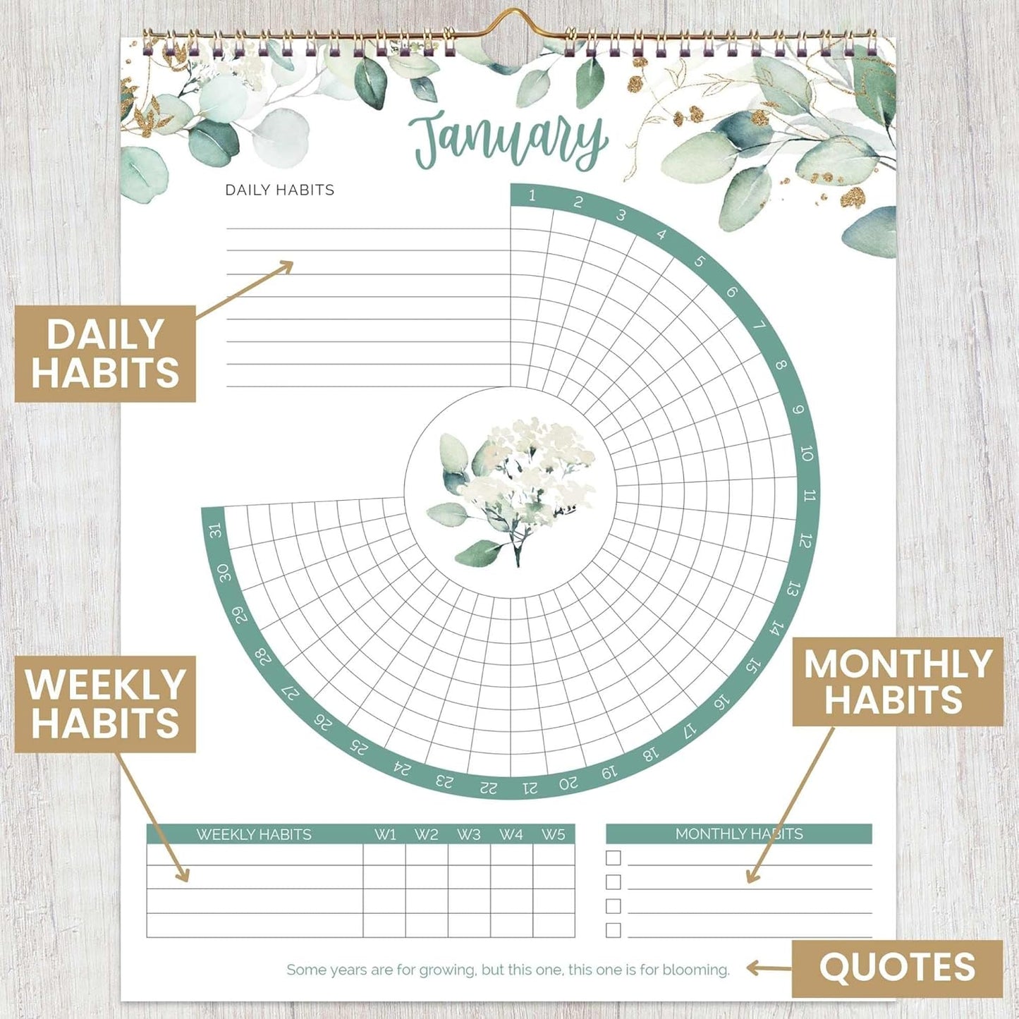 bloom daily planners Hanging Habit Tracking Calendar – Undated 12 Month Inspirational Habit Tracker for Daily, Weekly & Monthly Goals (8” x 10”) Motivational Productivity Tool - Greenery