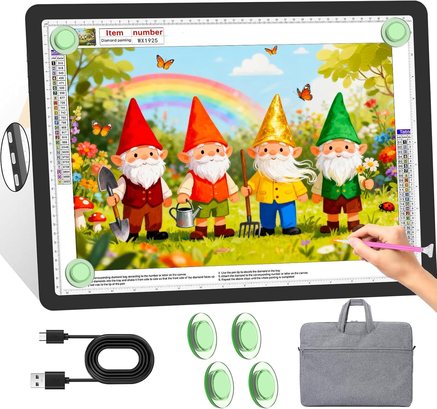 KOBAIBAN A3 Magnetic Light Pad with Bag, Rechargeable Diamond Art Light Board with Side Physical Buttons, 3 Color Light Modes Super Bright Light Table Light Box for Tracing, Drawing, Sketching (White)