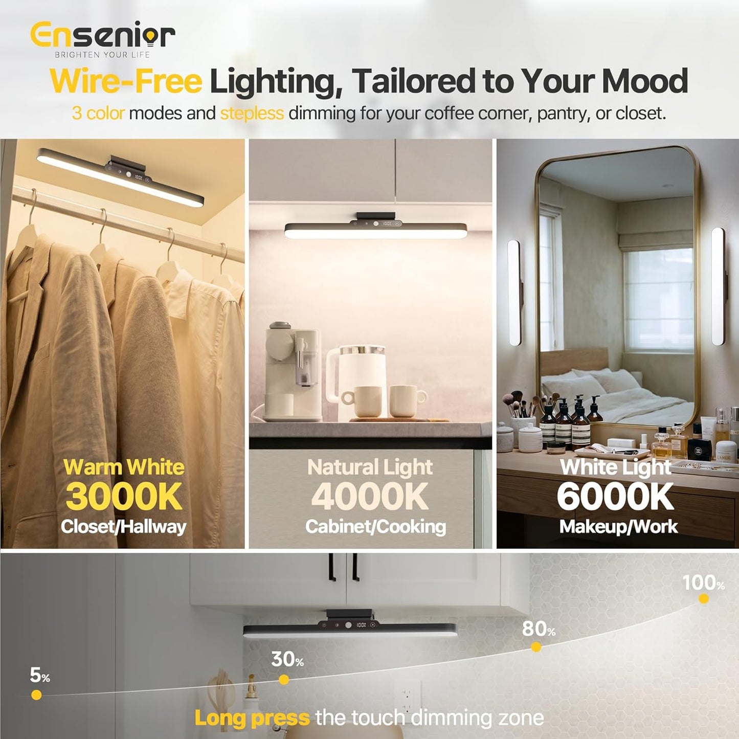 5W Rechargeable Motion Sensor Light Bar, 2000mAh Dimmable Under Cabinet Lighting Wireless with Digital Battery Display, 130° Rotatable Magnetic Closet Lights, Remote Control Stick on Lights Dorm