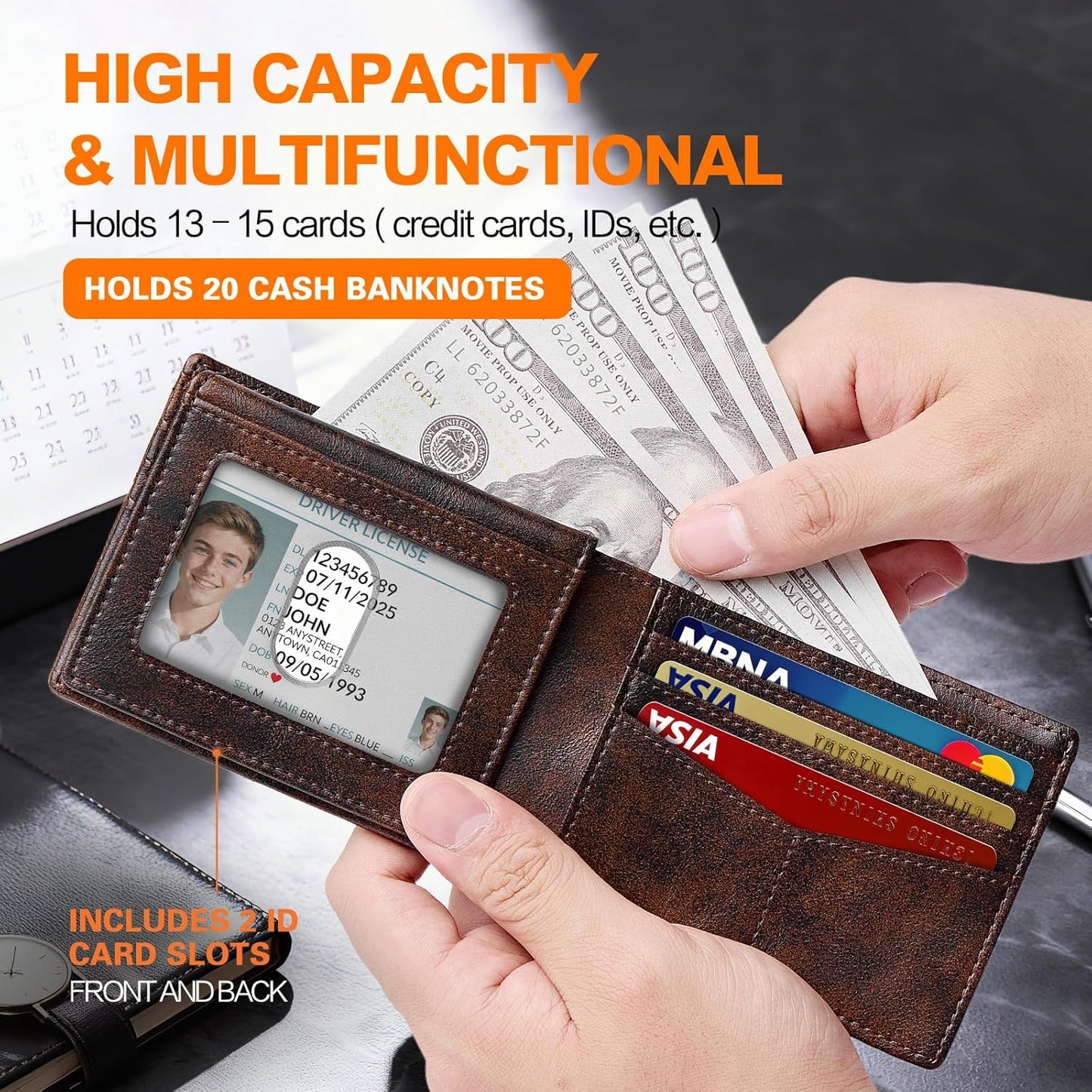 Wallet for Men Slim RFID Blocking Bifold Carbon Fiber,Minimalist Small Compact Front Pocket Credit Card Holder,Thin Mens Leather Wallets Smart Security With 2 ID Windows 1 Cash,Birthday Gifts for Men