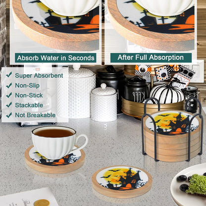 Wood Coasters for Drinks, Minacun Absorbent Coaster Sets of 5, Drinks Coasters for Coffee Tabletop Protection, Non-Slip, Non-Stick, Suitable for Kinds of Cups Wooden Table Drink, 4.3 Inches Black