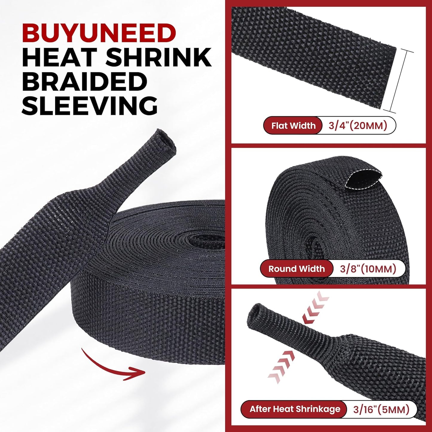 Braided Sleeving Heat Shrinkable Fabric 2:1 Ratio- Abrasion Protection Flexibility Wiring Harness Cable Sheath (3/8" ID, 16ft) - Colors A