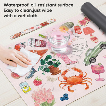 Pink Desk Mat, Leather Desk Pad Blotter Protector, XXL Large Mouse Pad,Computer Laptop Mouse Pads for Desktop,Waterproof Writing Anti-Slip Mousepad for Office and Home I Colorful Stickers