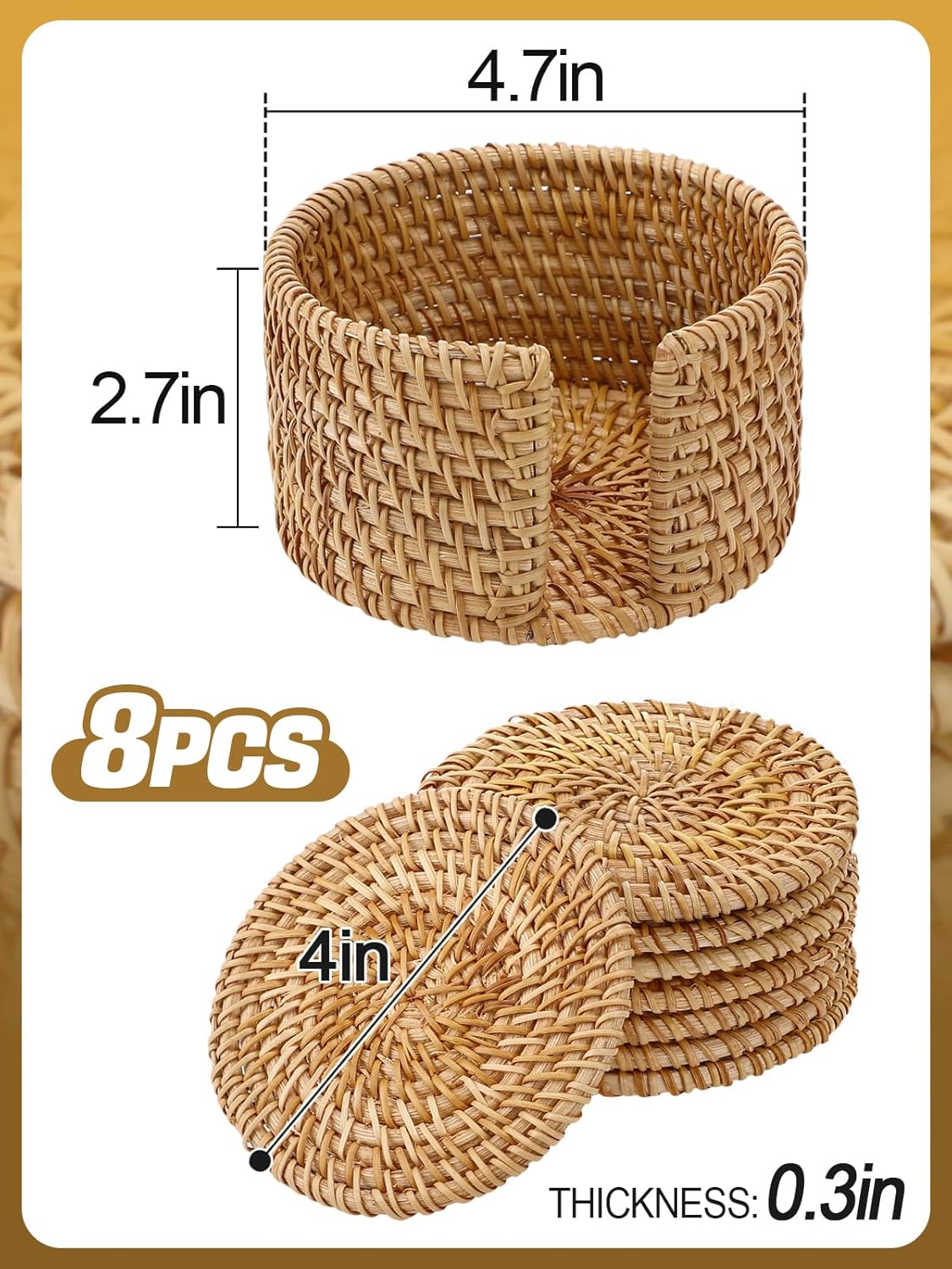 6pcs Natural Handmade Rattan Coasters with Holder - Wicker Drink Coasters Set, Housewarming Gifts Boho Summer Home Coastal Decor