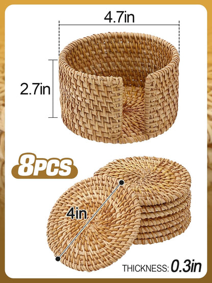 6pcs Natural Handmade Rattan Coasters with Holder - Wicker Drink Coasters Set, Housewarming Gifts Boho Summer Home Coastal Decor
