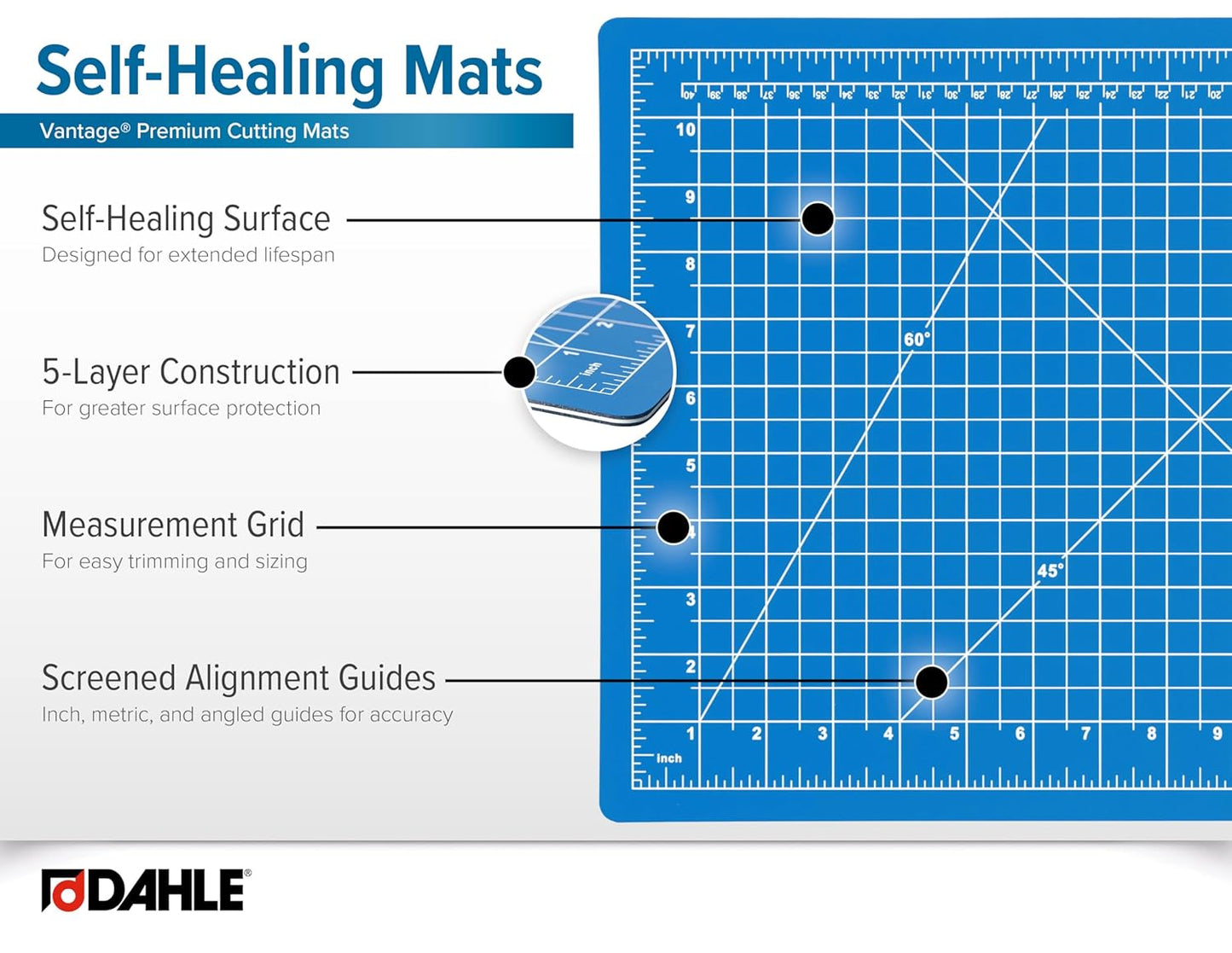 Dahle Vantage 10670 Premium Self-Healing Cutting Mat, 9"x12", 1/2" Grid, 5 Layers for Max Healing, Perfect for Crafts & Sewing, Black