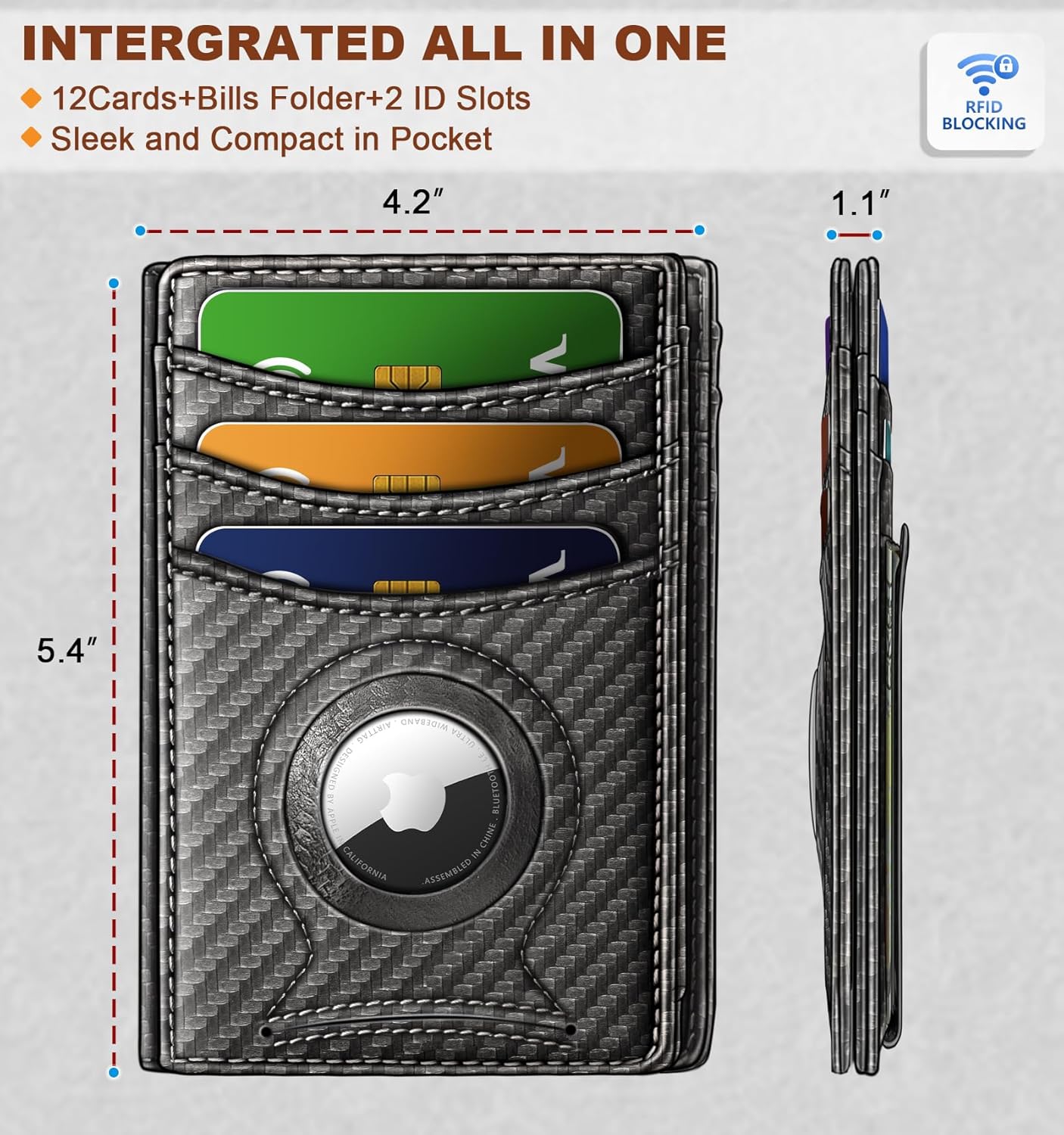 BULLIANT Men Airtag Wallet,Slim Wallet Money Clip Card Holder Magnetic Closure 12 Cards in Front Pocket RFID Blocking