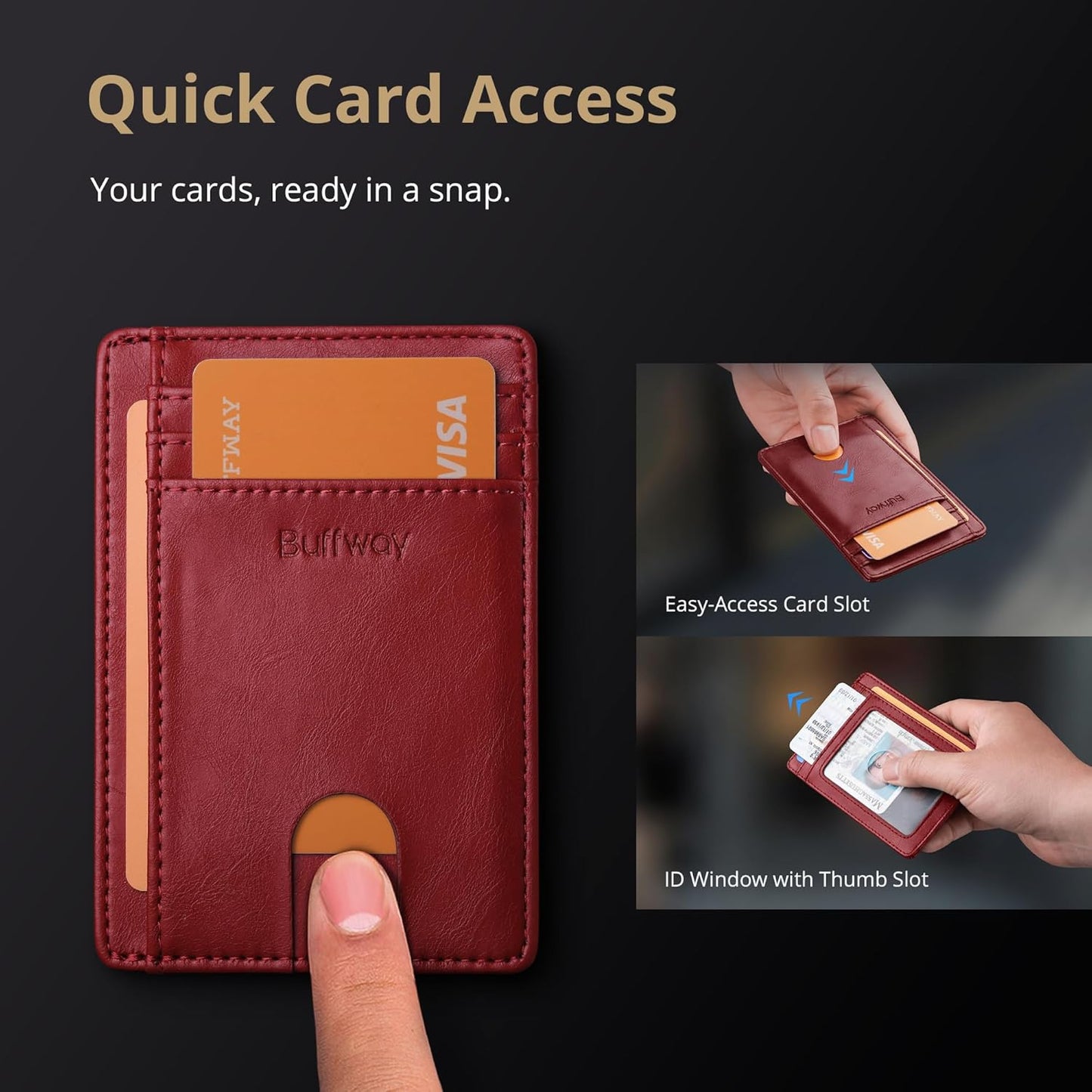 Buffway Slim Minimalist Front Pocket RFID Blocking Leather Wallets for Men and Women - Carbon Fiber Black - Colors B