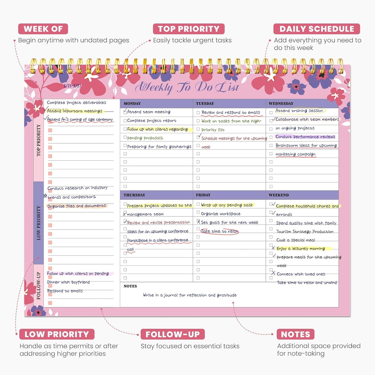Weekly To Do List Notepad with 52 Undated Sheets（8.5"×11"）- Undated Weekly Planner Notepad for Office Desk Accessories and Supplies - Midnight Lilac