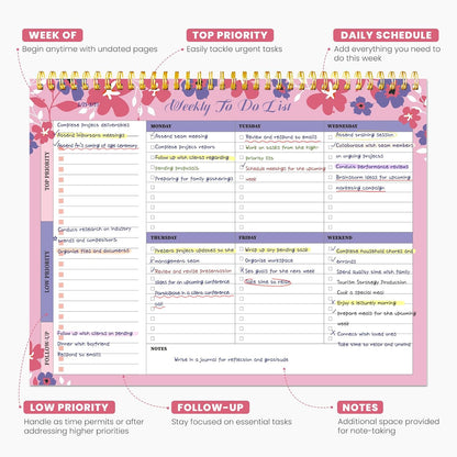 Weekly To Do List Notepad with 52 Undated Sheets（8.5"×11"）- Undated Weekly Planner Notepad for Office Desk Accessories and Supplies - Midnight Lilac