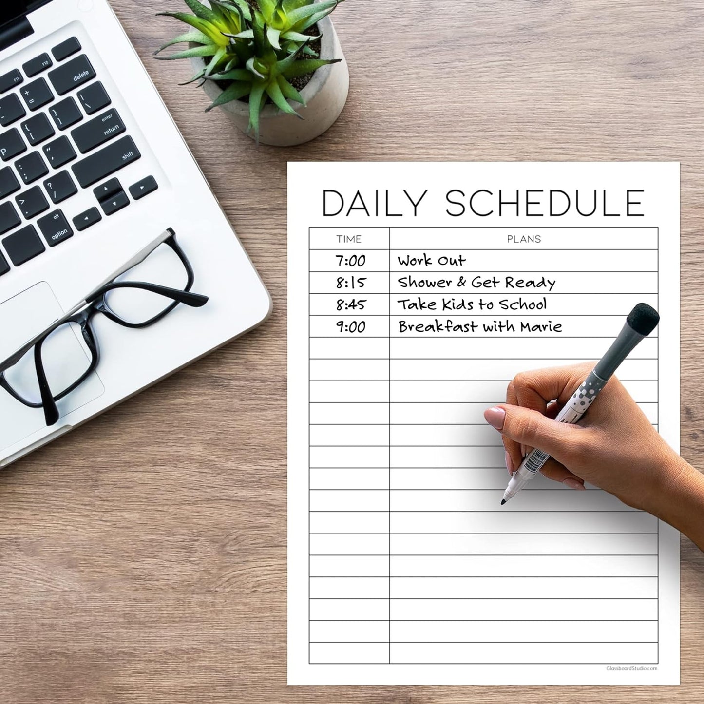 Dry Erase Daily Schedule Planner Sticker Decal by Glassboard Studio | Removable & Reusable | Magnetic Fine-Tip Marker Included (9 x 12 inches, White)